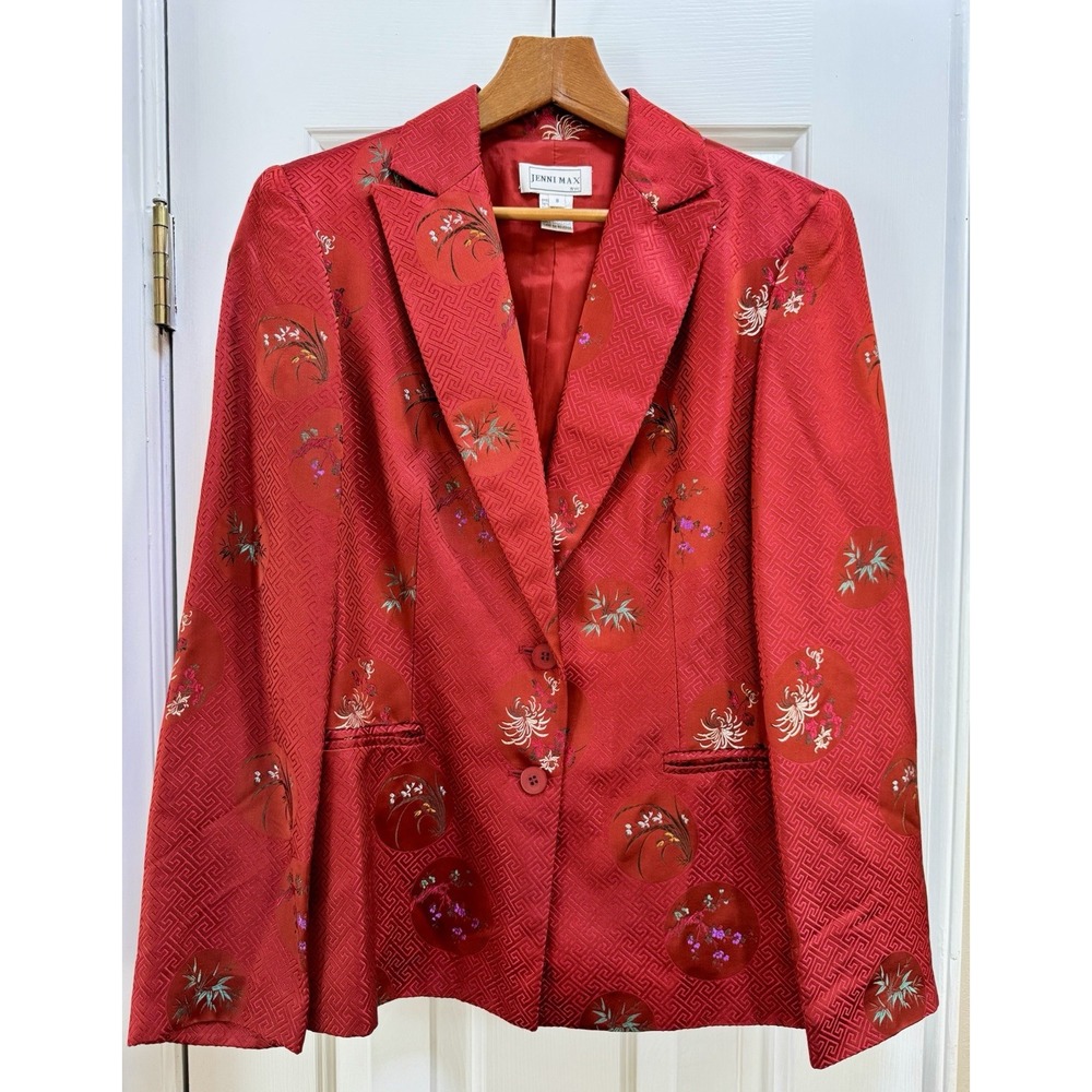 Jenni Max NYC Red Silk Blend‎ Jacquard Floral Embroidered Blazer Jacket Size 8